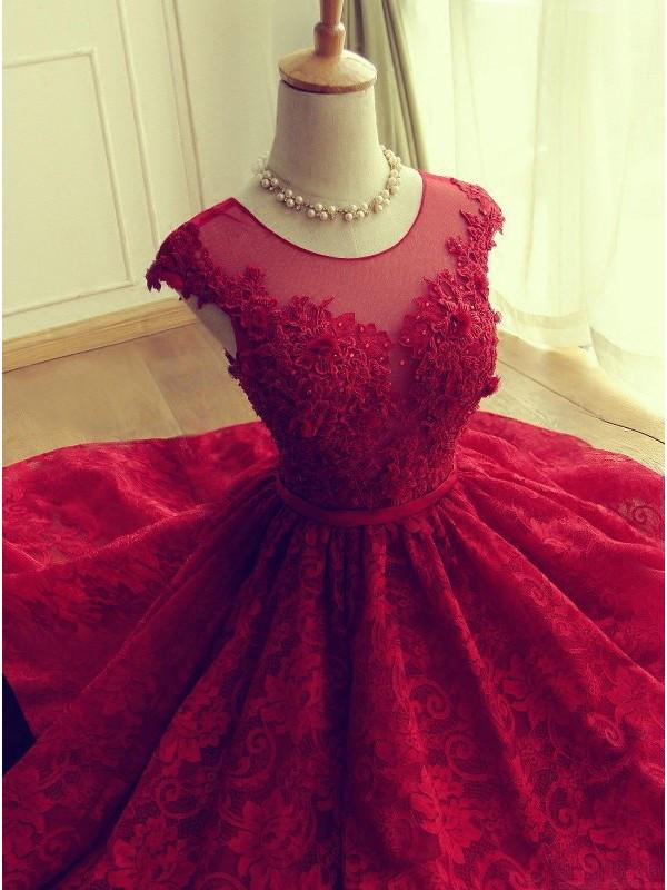 Lace Red Homecoming Dress, Tulle Scoop 