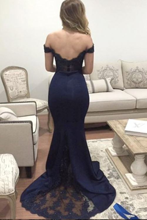 Sexy Blue Off-the-shoulder Sleeveless Mermaid Elastic Woven Satin Prom Dresses with Beading main image 1