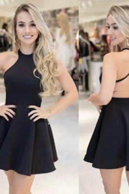 Cheap A-Line Homecoming Dresses, Round Neck Homecoming Dresses, Black Satin Party Dresses, Sexy Short Prom Dresses, Simple Homecoming Dresses