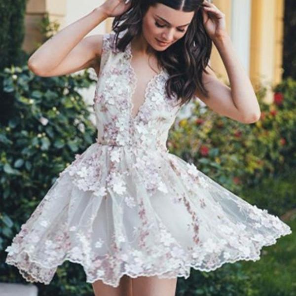 Aline Vneck Dresses, Sleeveless Short White