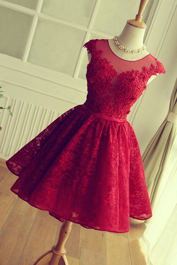 Lace Red Homecoming Dress, Tulle Scoop Prom Dress Short, Graduation ...